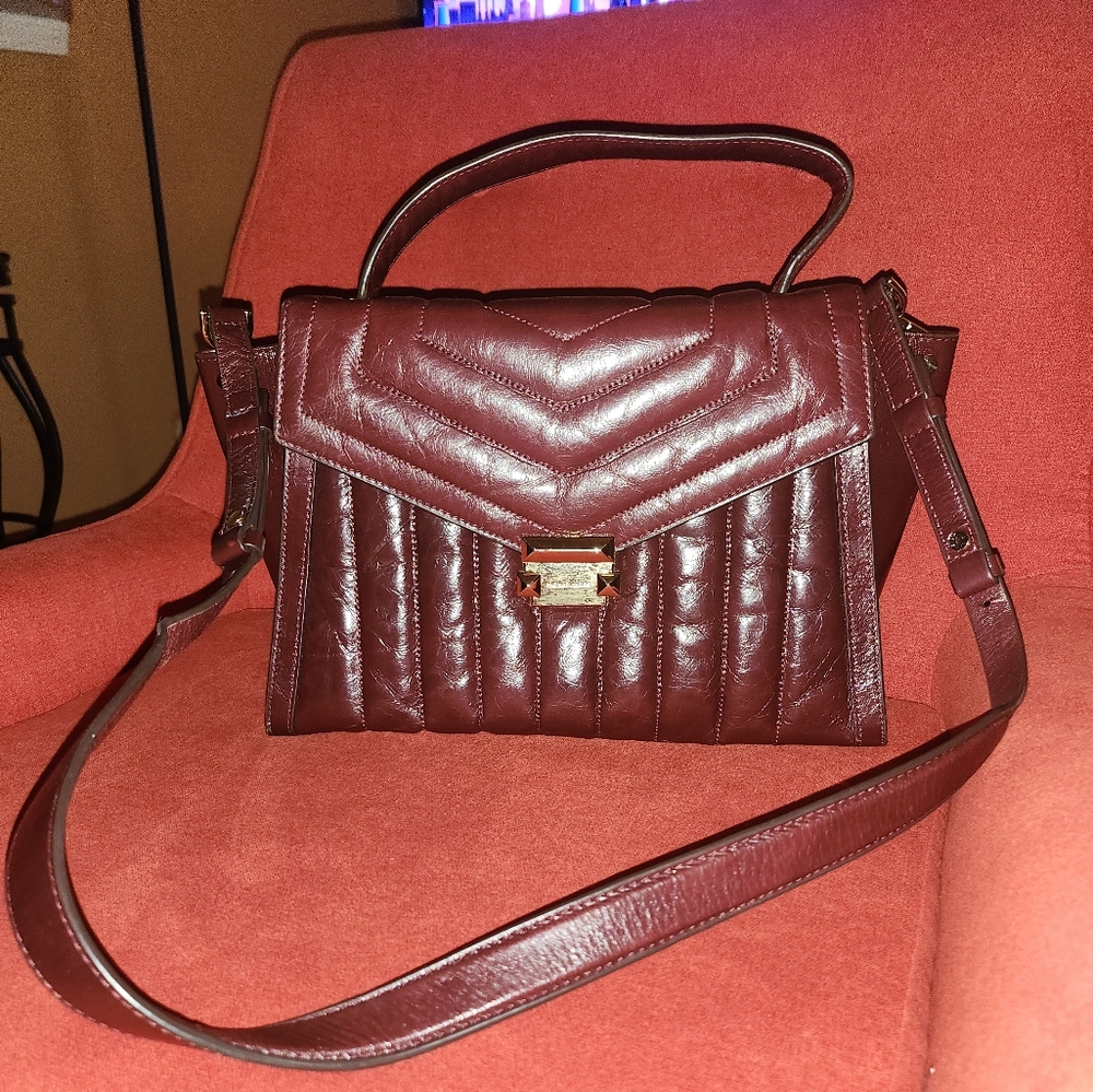 Michael Kors Whitney  Striped Quilted Top Handle Wine Leather